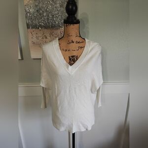 Milano LIV Cream V-Neck Women's Blouse With Embellished Shoulders